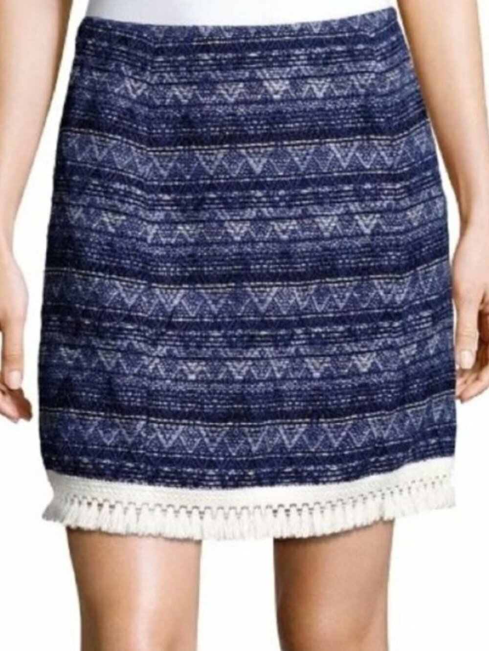 NEW NWT MICHAEL KORS Blue Tweed Chevron 100% Cotton Boho Winter Fringe Skirt 8